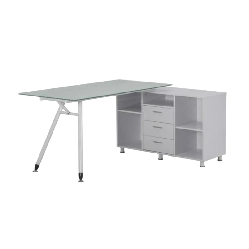 Escritorio operativo con credenza gris y almacenamiento lateral para oficina
